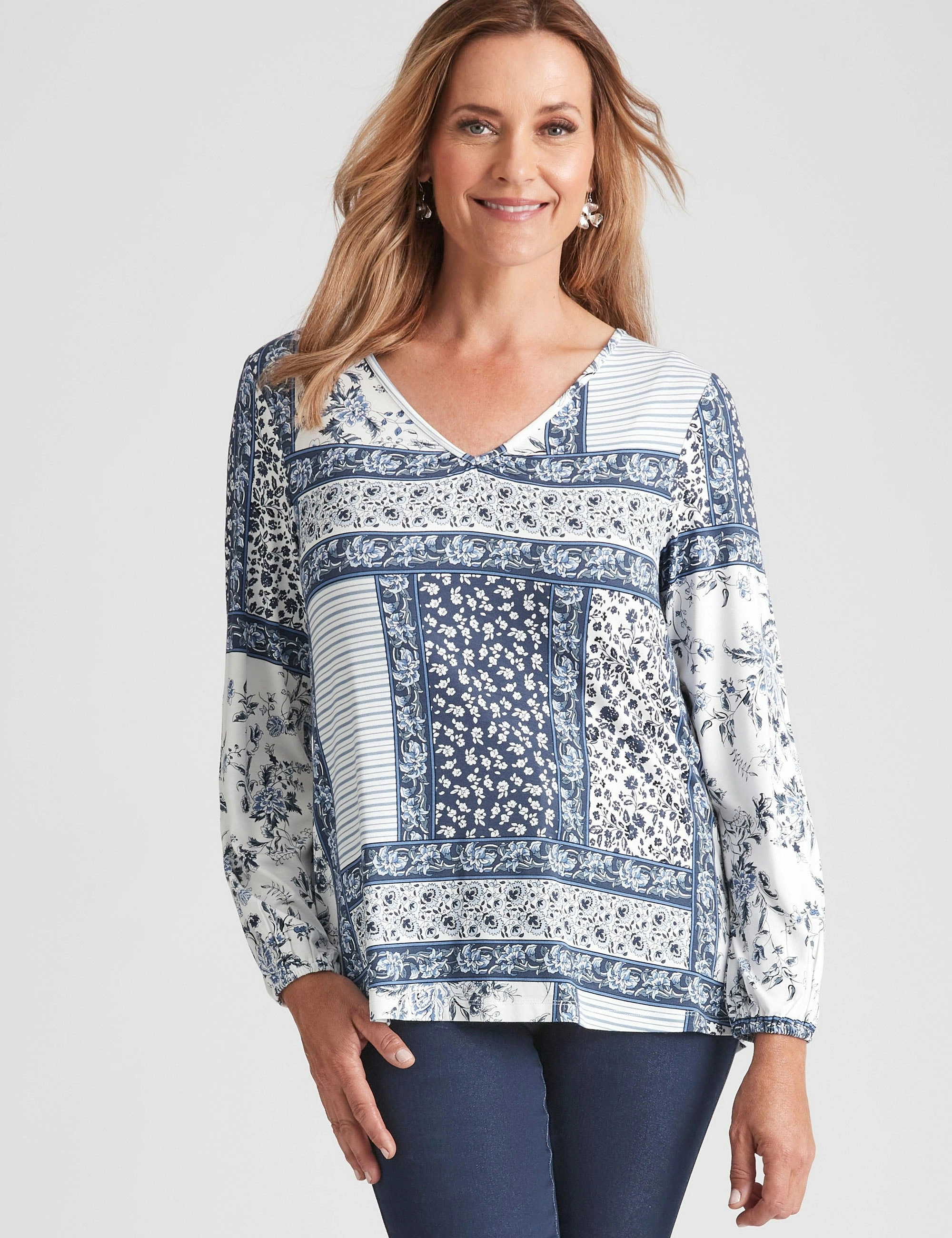 Millers Long Sleeve Print Top (Blue Tile Print)