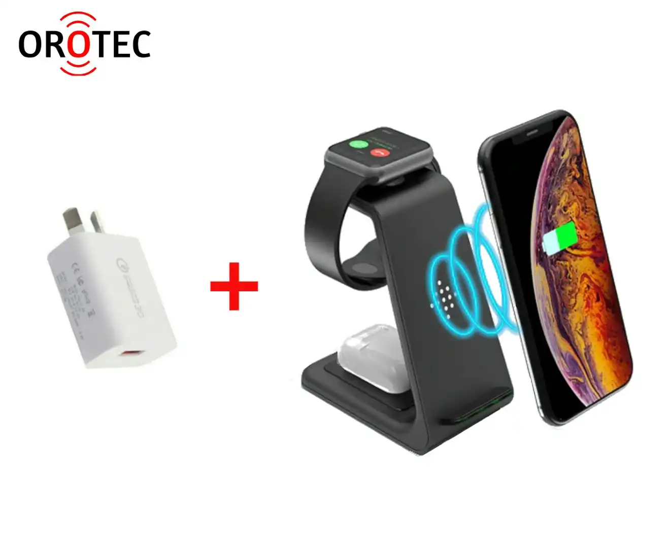 Orotec NuGen Apple 3-in-1 Triple Wireless Charger (Apple Watch/AirPods/Smartphone) Black with Qualcomm Charger