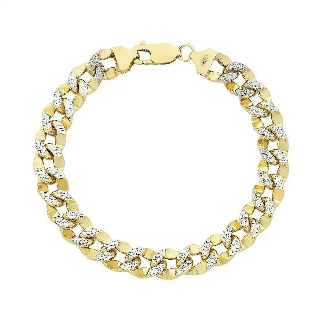9ct Yellow Gold 2 Tone Silver Infused Diamond Cut Curb Bracelet 19cm