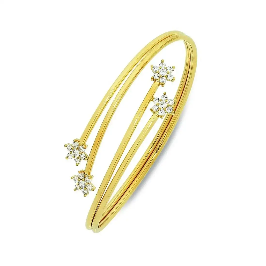 9ct Yellow Gold Silver Infused Bangle with Cubic Zirconia Flower Ends