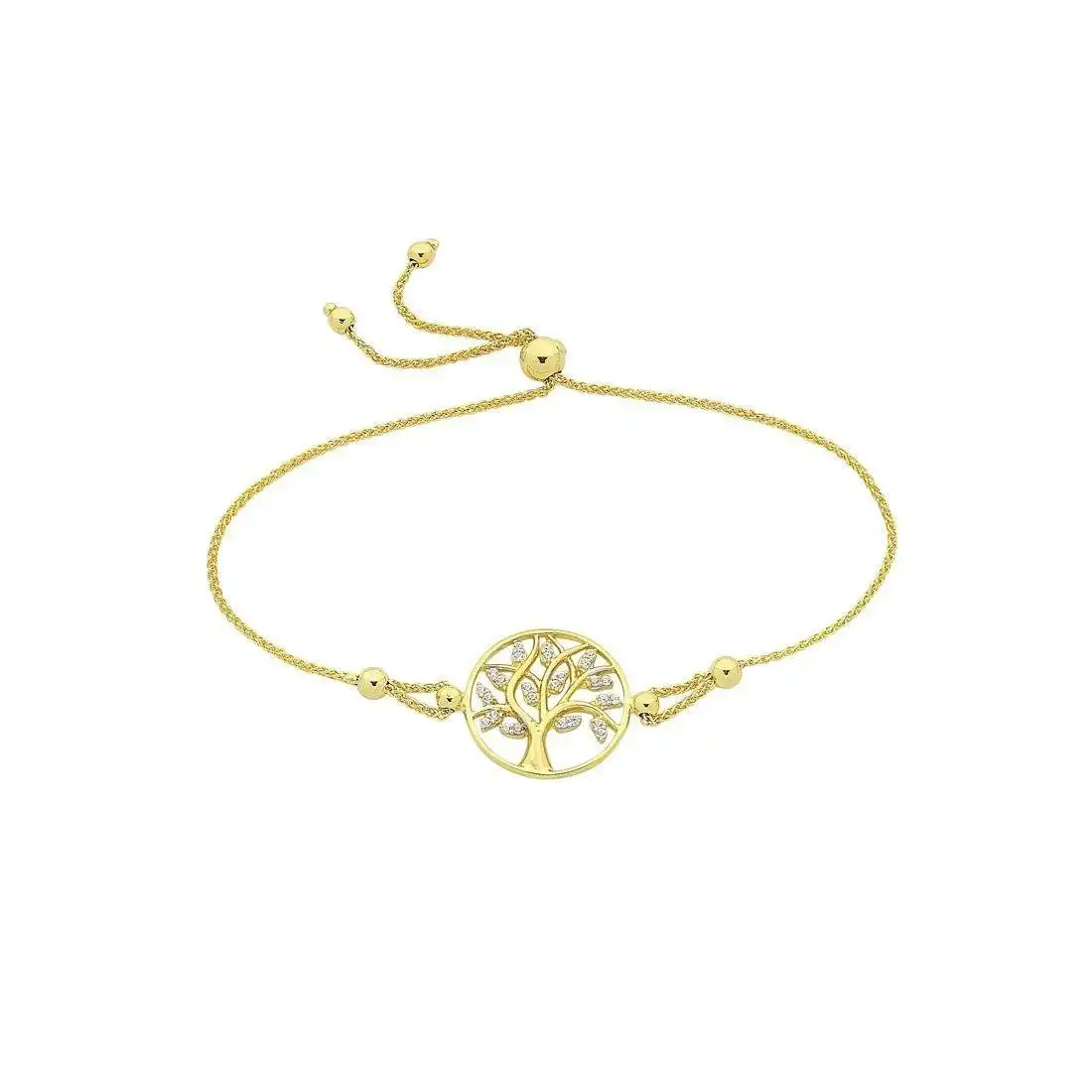 9ct Yellow Gold Silver Infused Cubic Zirconia Tree Of Life Bracelet