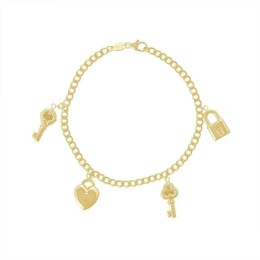 9ct Yellow Gold Silver Infused Lock and Key Charm Bracelet