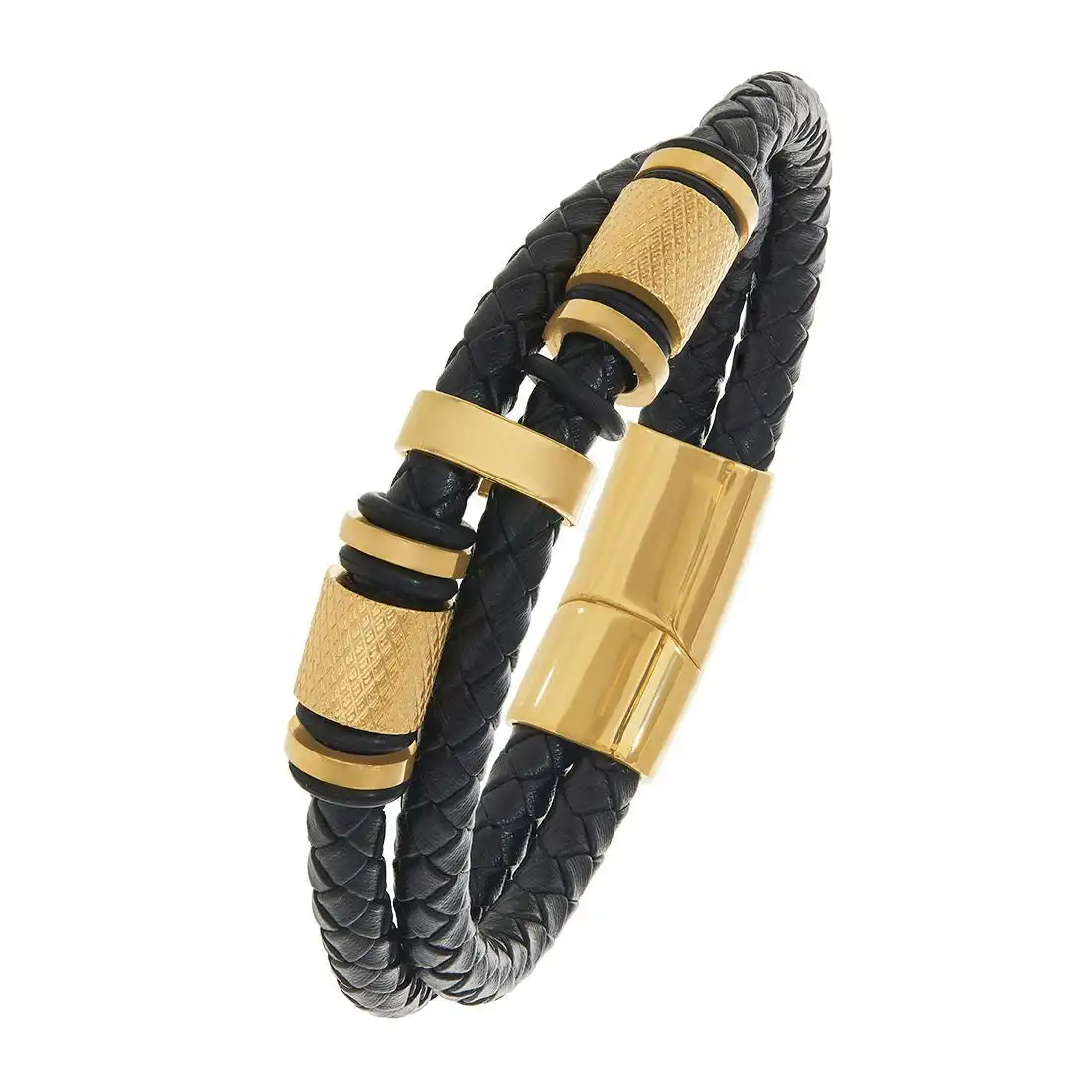 20.5cm Yellow Stainless Steel and Leather Bracelet