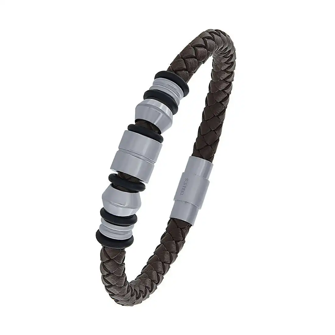 23cm Men's Brown Leather Bracelet with Stainless Charms