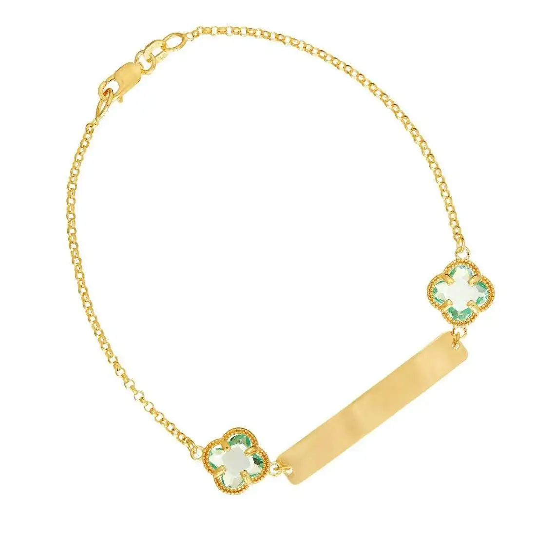 Blue 4 Leaf Clover ID Bracelet in 9ct Yellow Gold Silver Infused