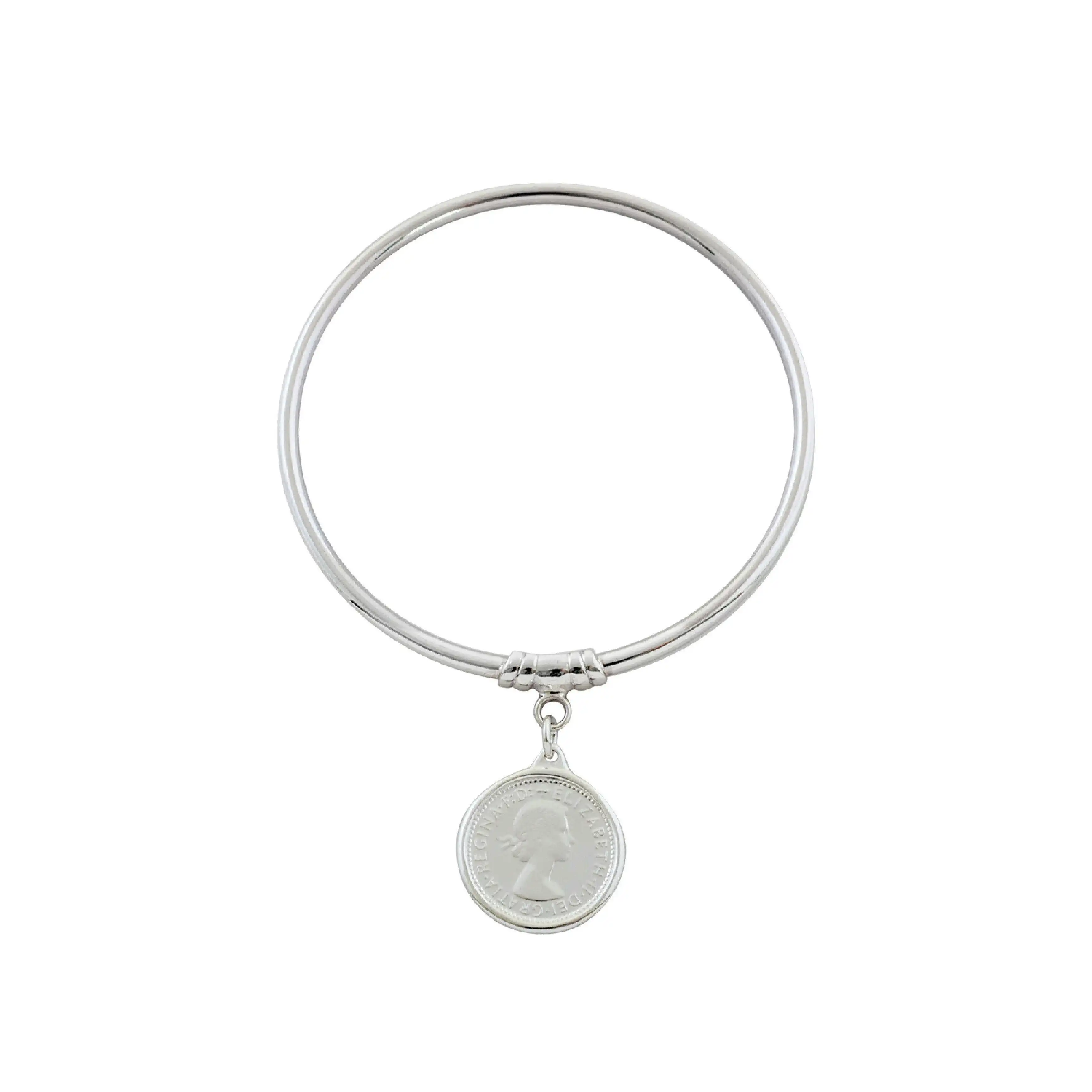 Von Treskow Sterling Silver 3mm Bangle with 6 Pence Coin (QUEEN)