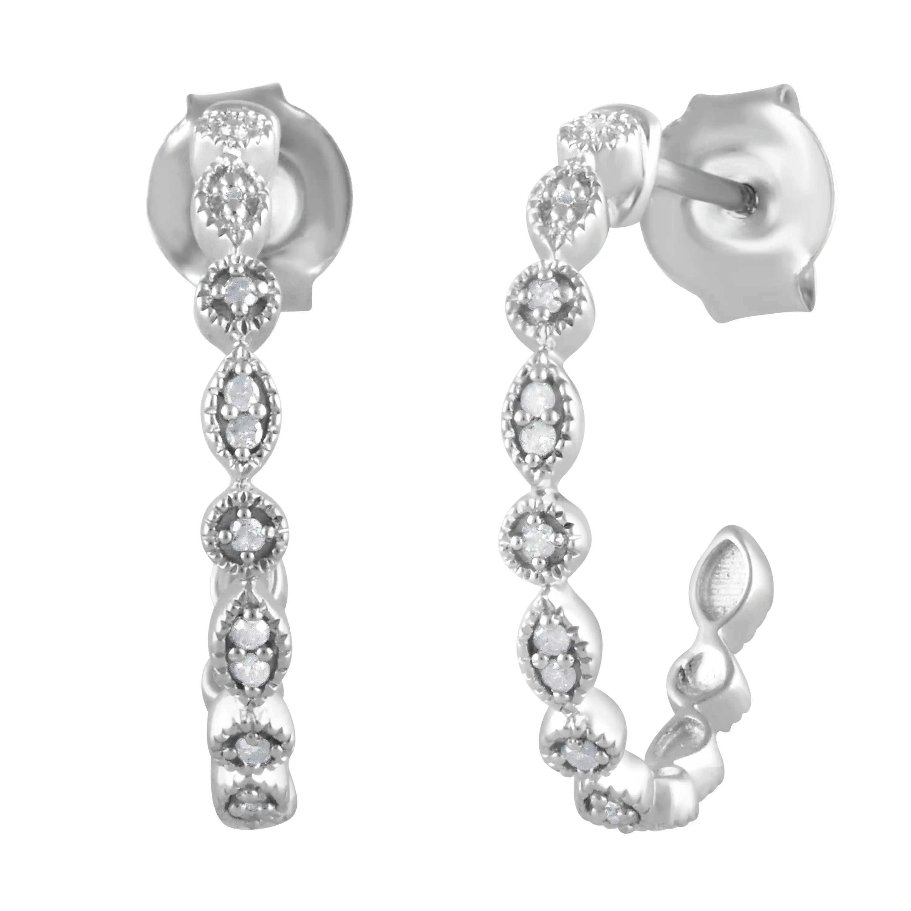Diamond Set J Hoop Stud Earrings in Sterling Silver