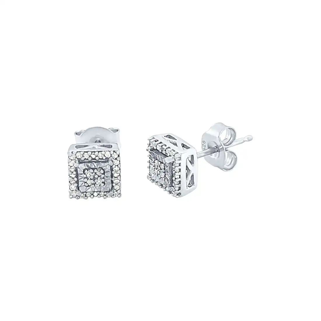 Diamond Square Halo Earrings in Sterling Silver