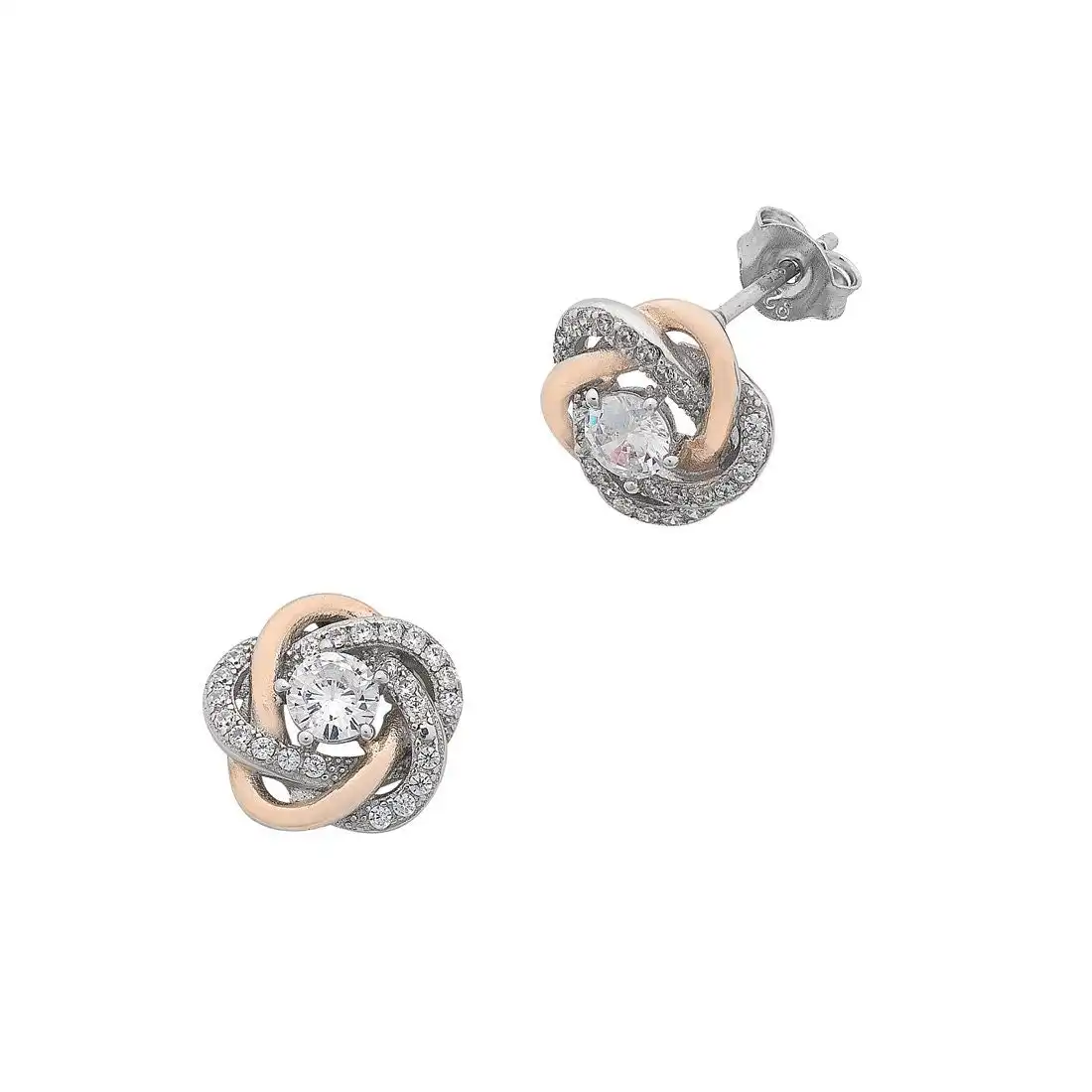 Sterling Silver Cubic Zirconia Swirl Stud Earrings with Rose Accents
