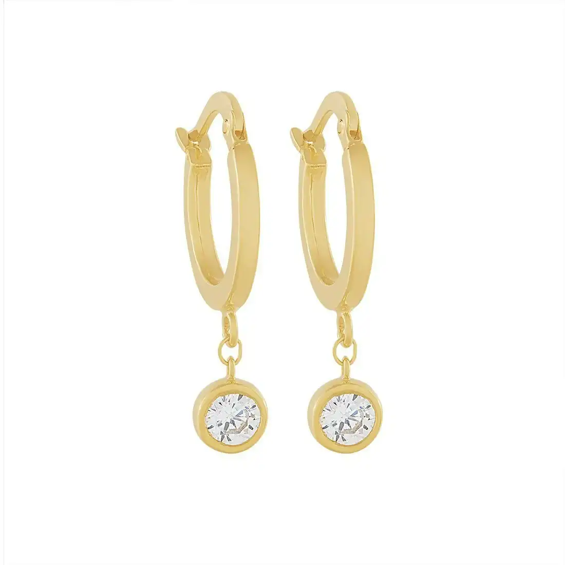 9ct Yellow Gold Silver Infused Hoop Earrings with Cubic Zirconia Drop