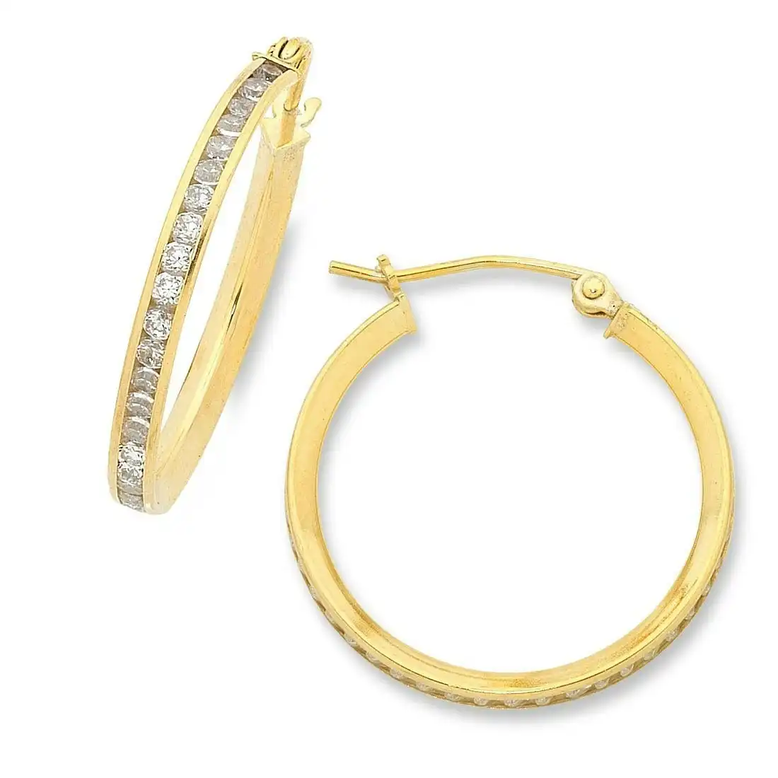 9ct Yellow Gold Silver Infused Cubic Zirconia Hoop Earrings 23mm
