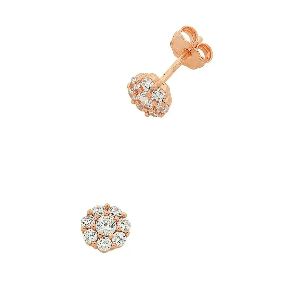 9ct Rose Gold Silver Infused Cubic Zirconia Flower Stud Earrings