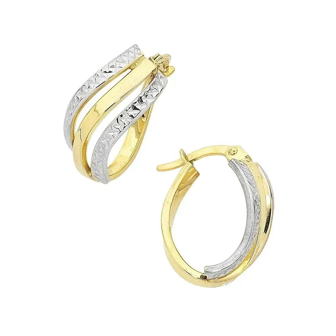 9ct Yellow Gold Silver Infused Oval Crossover Earrings