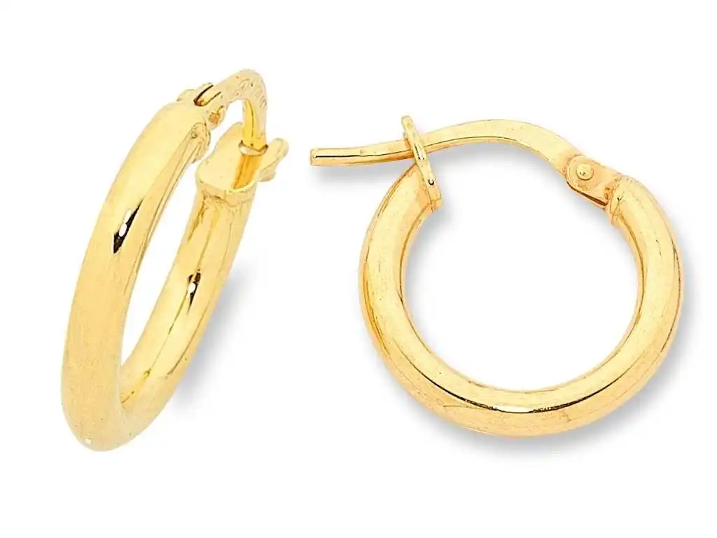 9ct Yellow Gold Silver Infused Plain Hoop Earrings 10mm