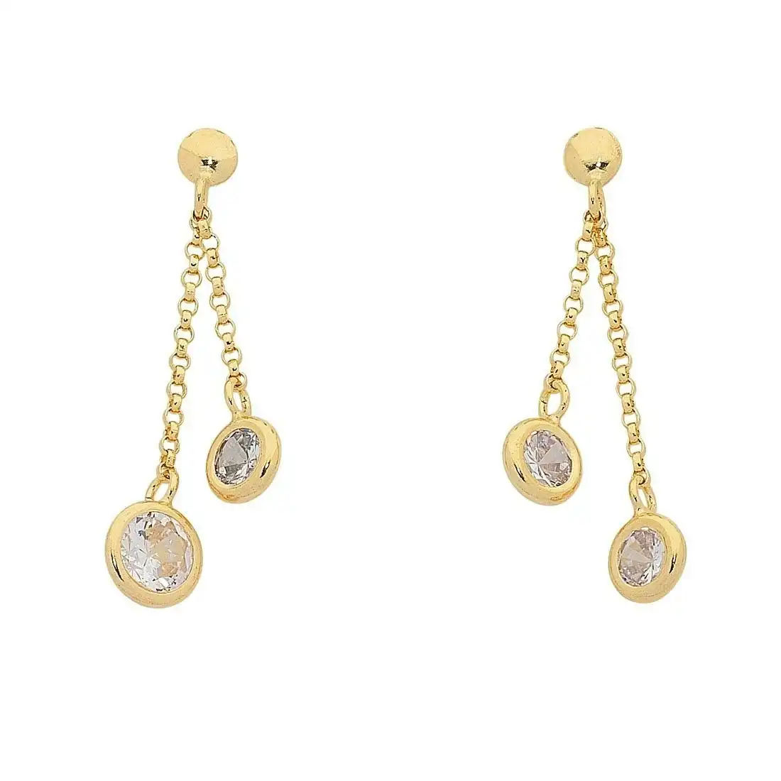 9ct Yellow Gold Silver Infused Double Strand Bezel Set Cubic Zirconia Short Drop Earrings