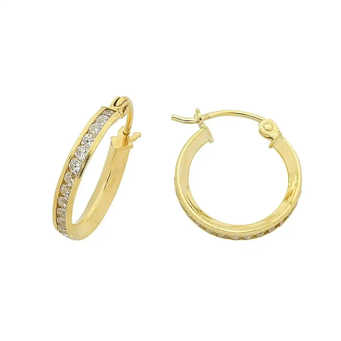 9ct Yellow Gold Silver Infused Cubic Zirconia Hoop Earrings-15mm