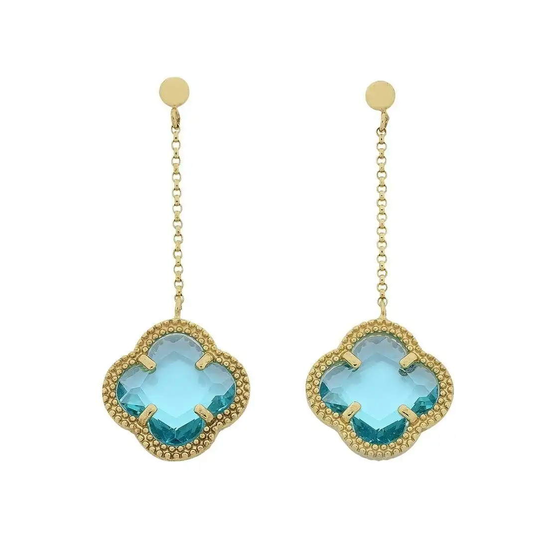 9ct Yellow Gold 4 Leaf Clover Blue Stone Drop Earrings