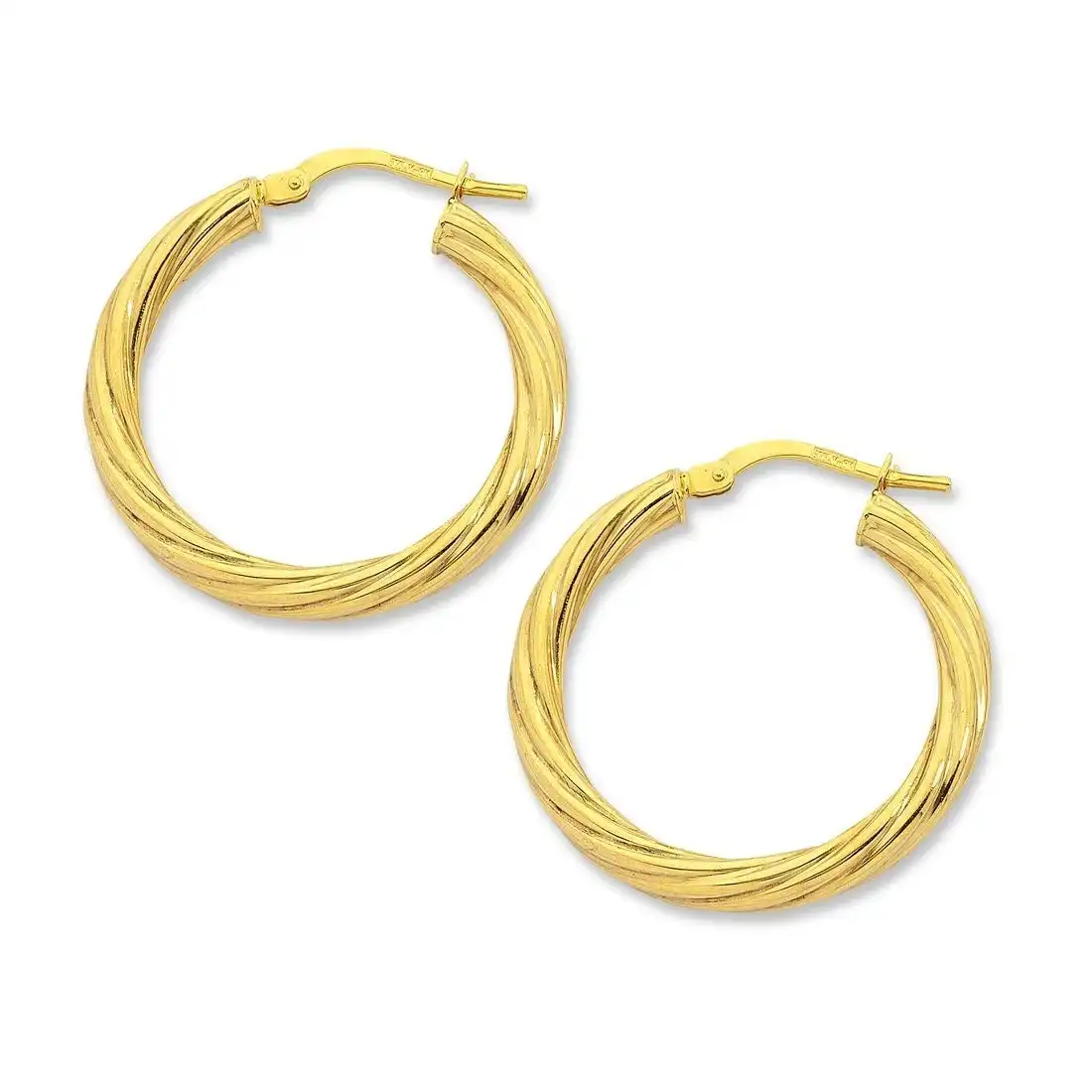 9ct Yellow Gold Silver Infused Twist Hoop Earrings 10mm