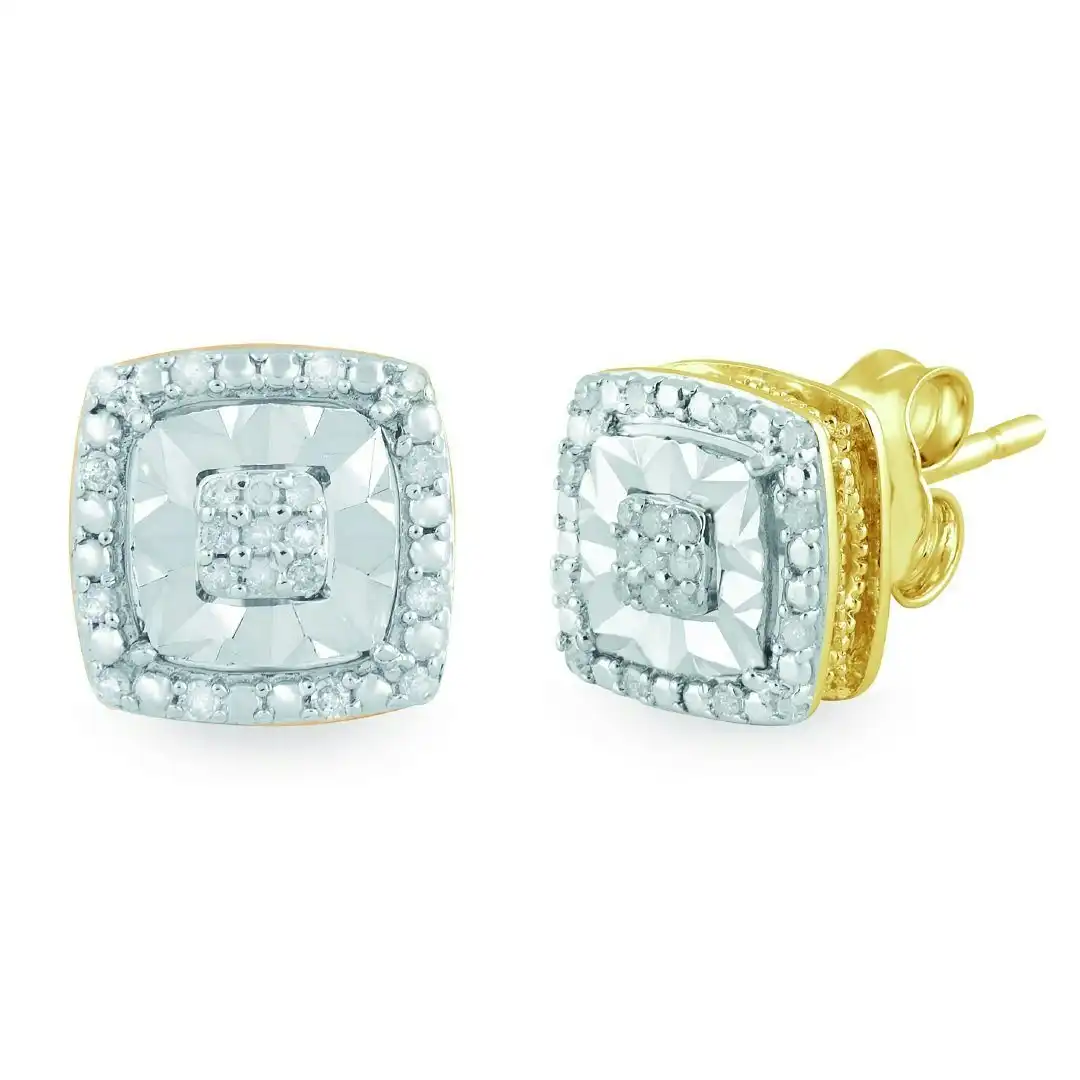 Brilliant Halo Square Stud Earrings with 0.10ct of Diamonds in 9ct Yellow Gold
