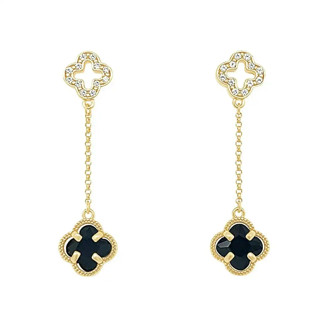 Black Clover Drop Earrings in 9ct Yellow Gold Silver Infused