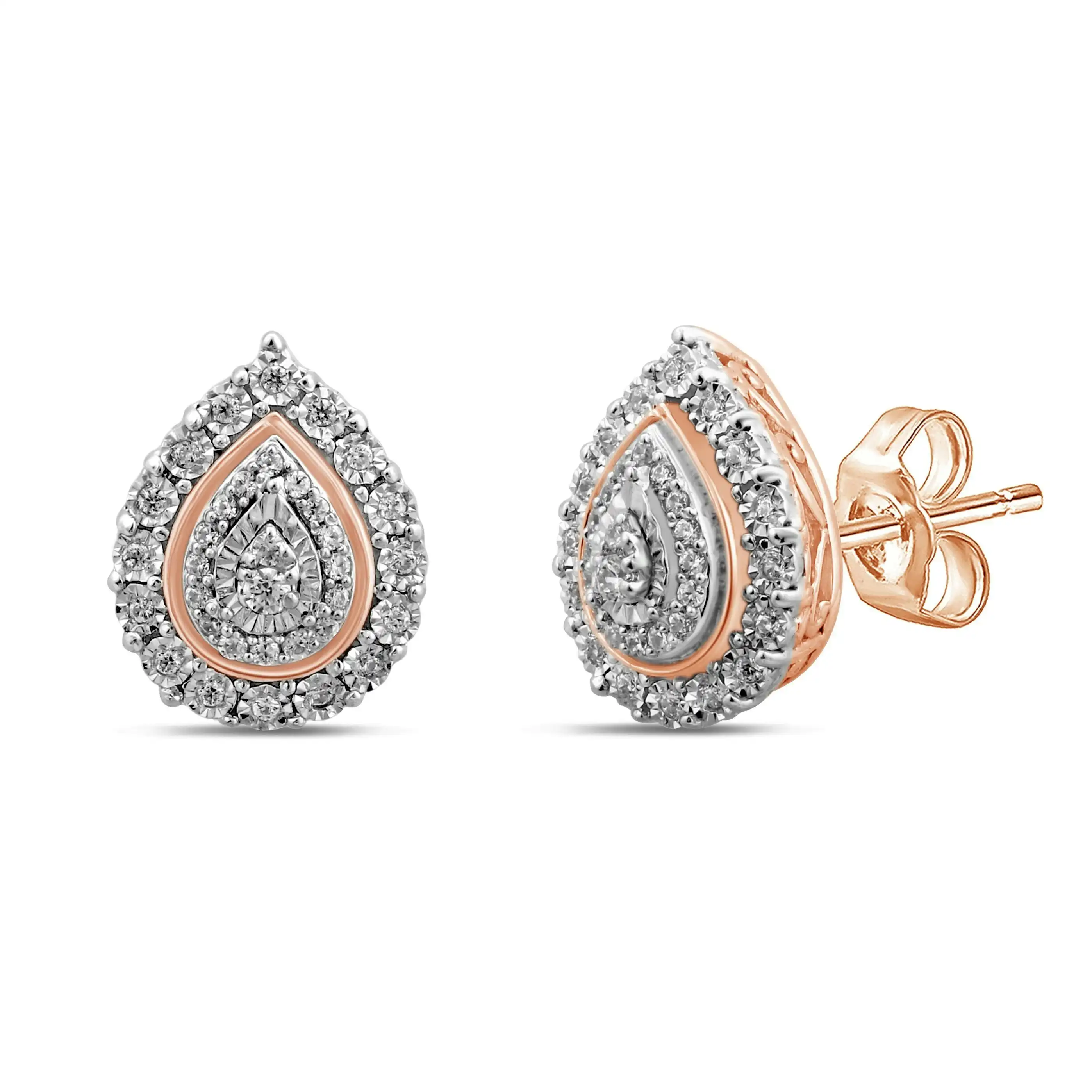 Double Pear Halo Stud Earrings with 1/5ct of Diamonds in 9ct Rose Gold
