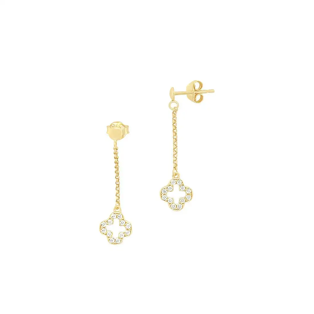 9ct Yellow Gold Silver Infused 4 Leaf Clover Drop Earrings