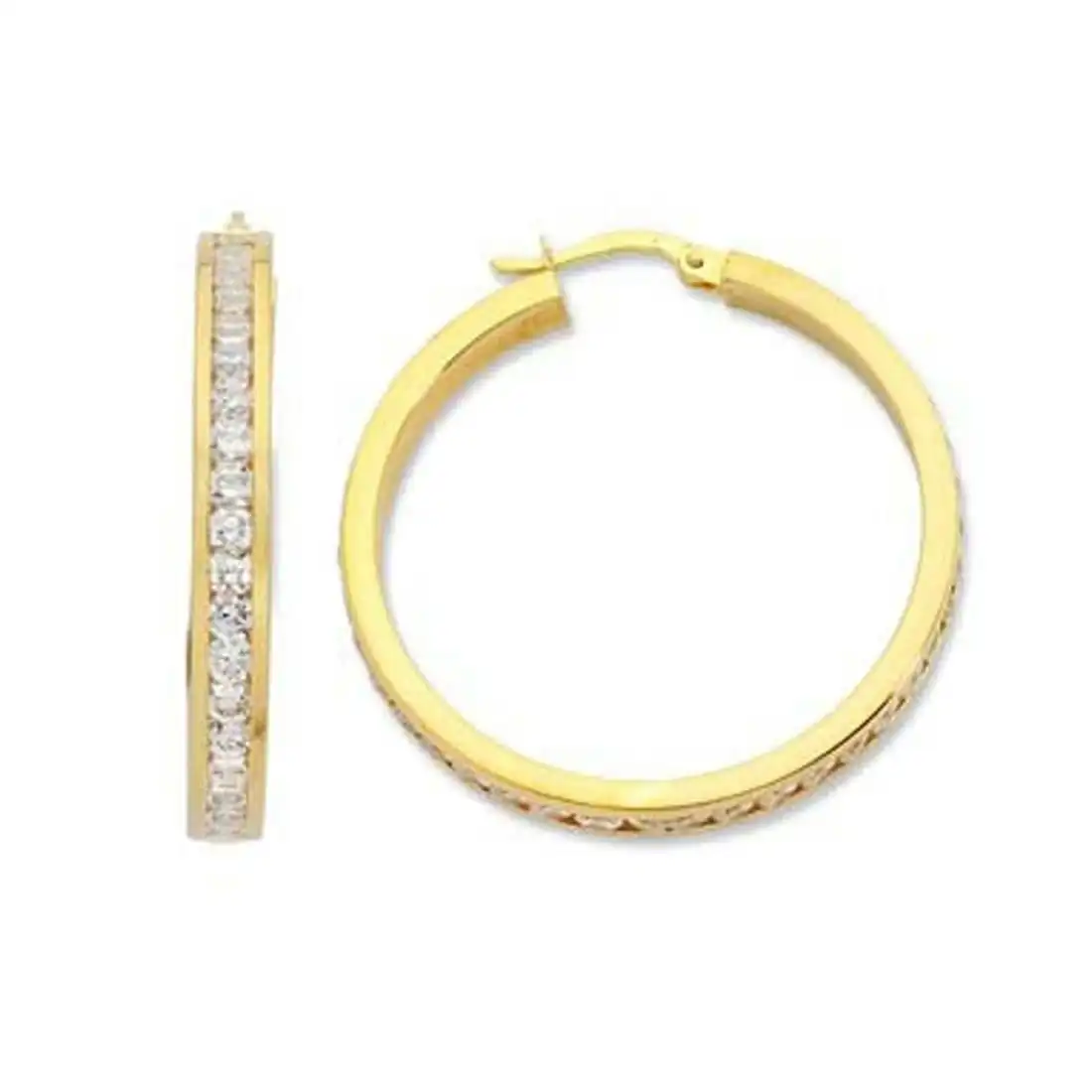 9ct Yellow Gold Silver Infused Cubic Zirconia 35mm Hoop Earrings
