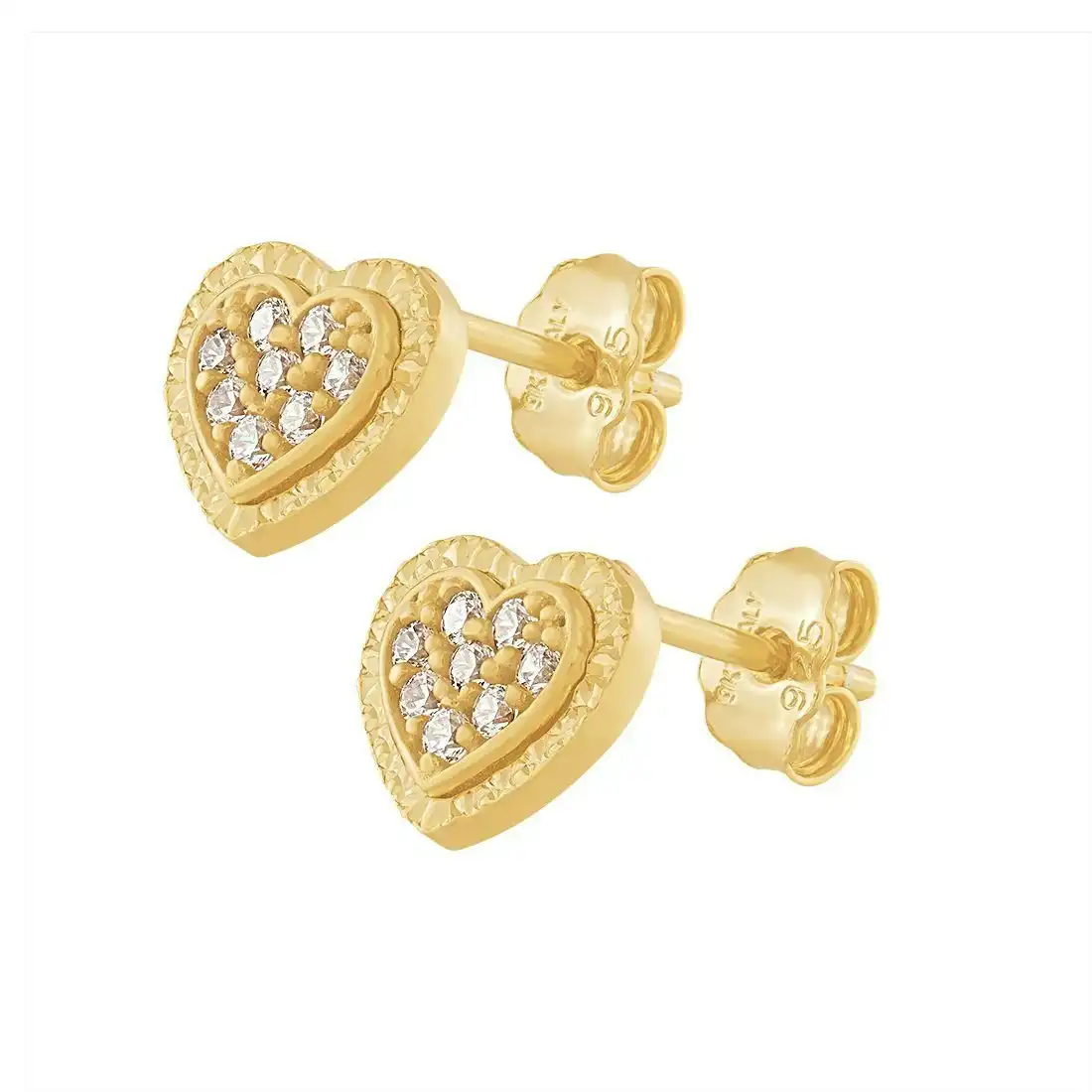 9ct Yellow Gold Silver Infused Heart Stud Earrings with Cubic Zircona
