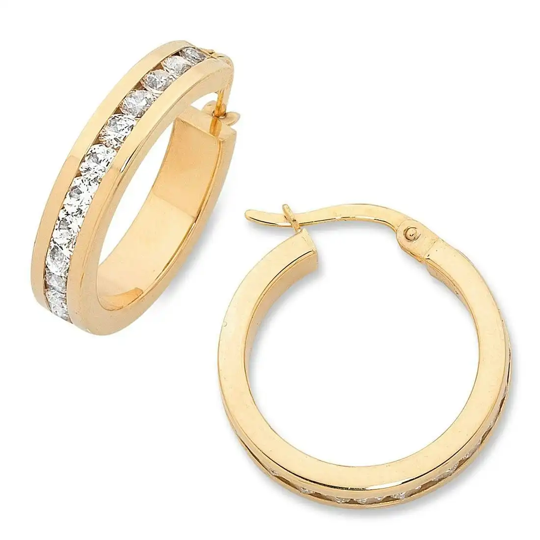 10mm Channel Cubic Zirconia Hoop Earrings in 9ct Yellow Gold Silver Infused