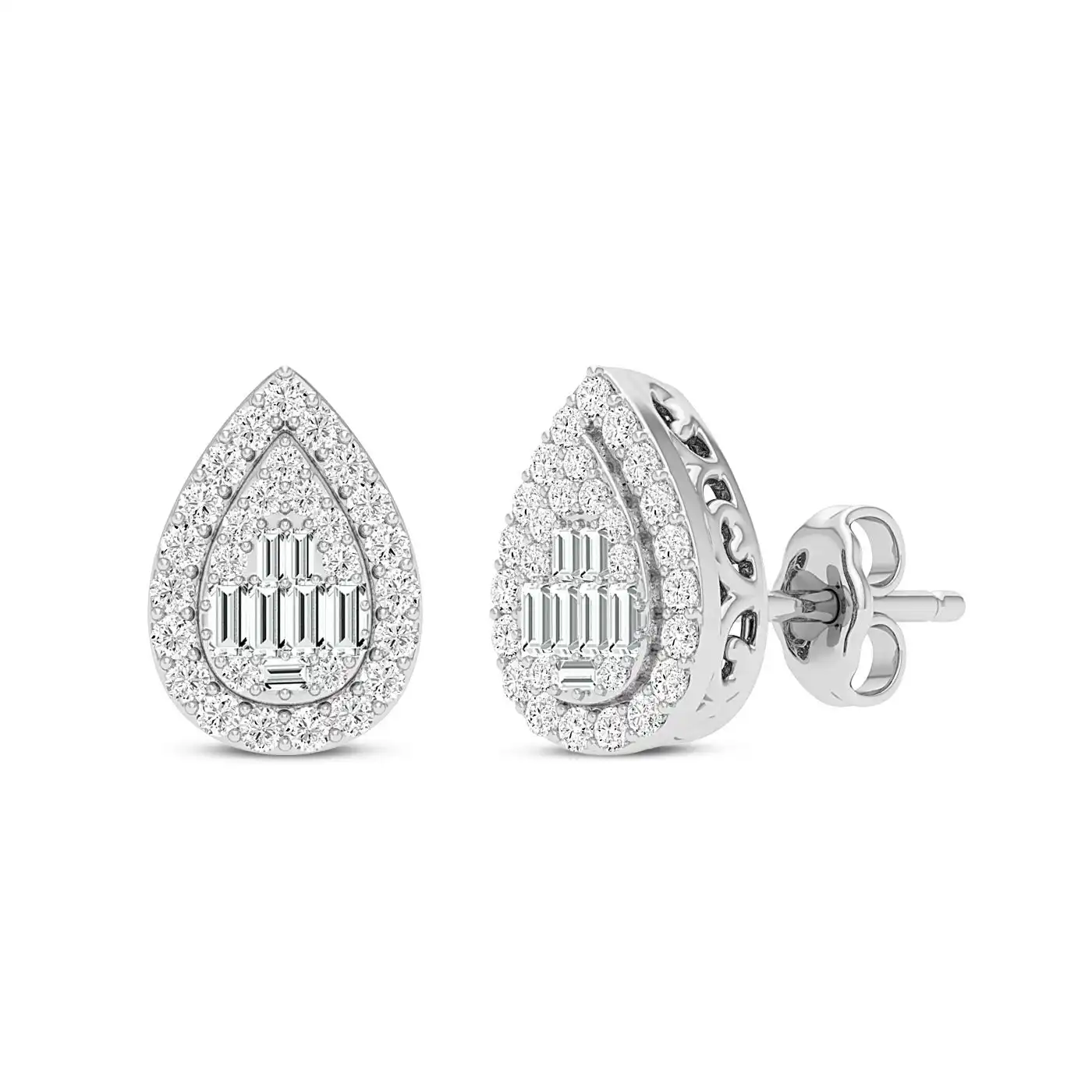 Pear Baguette Halo Earrings with 1/2ct of Diamonds in 9ct White Gold