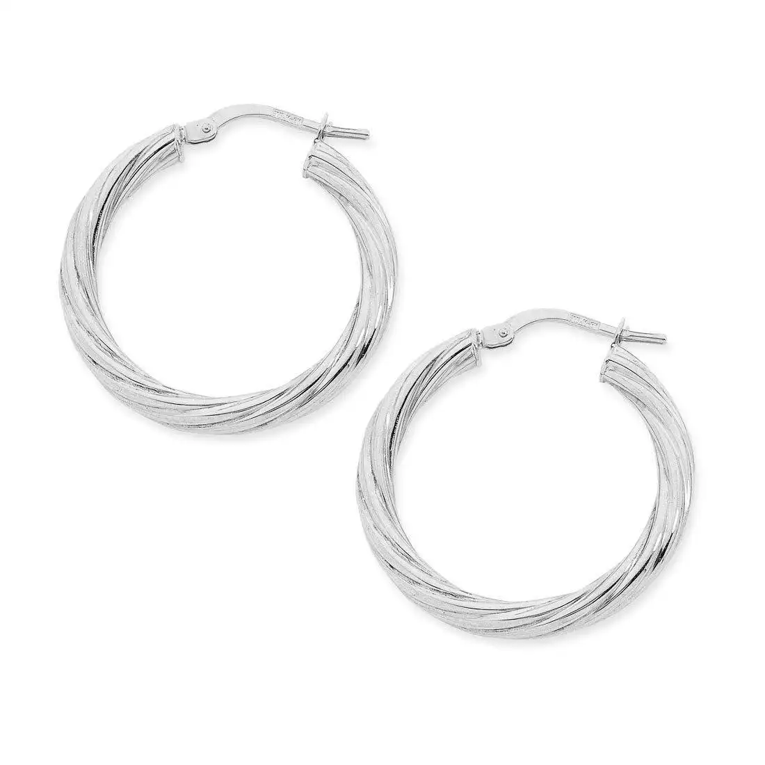 9ct White Gold Silver Infused Twist Hoop Earrings 2mm x 20mm
