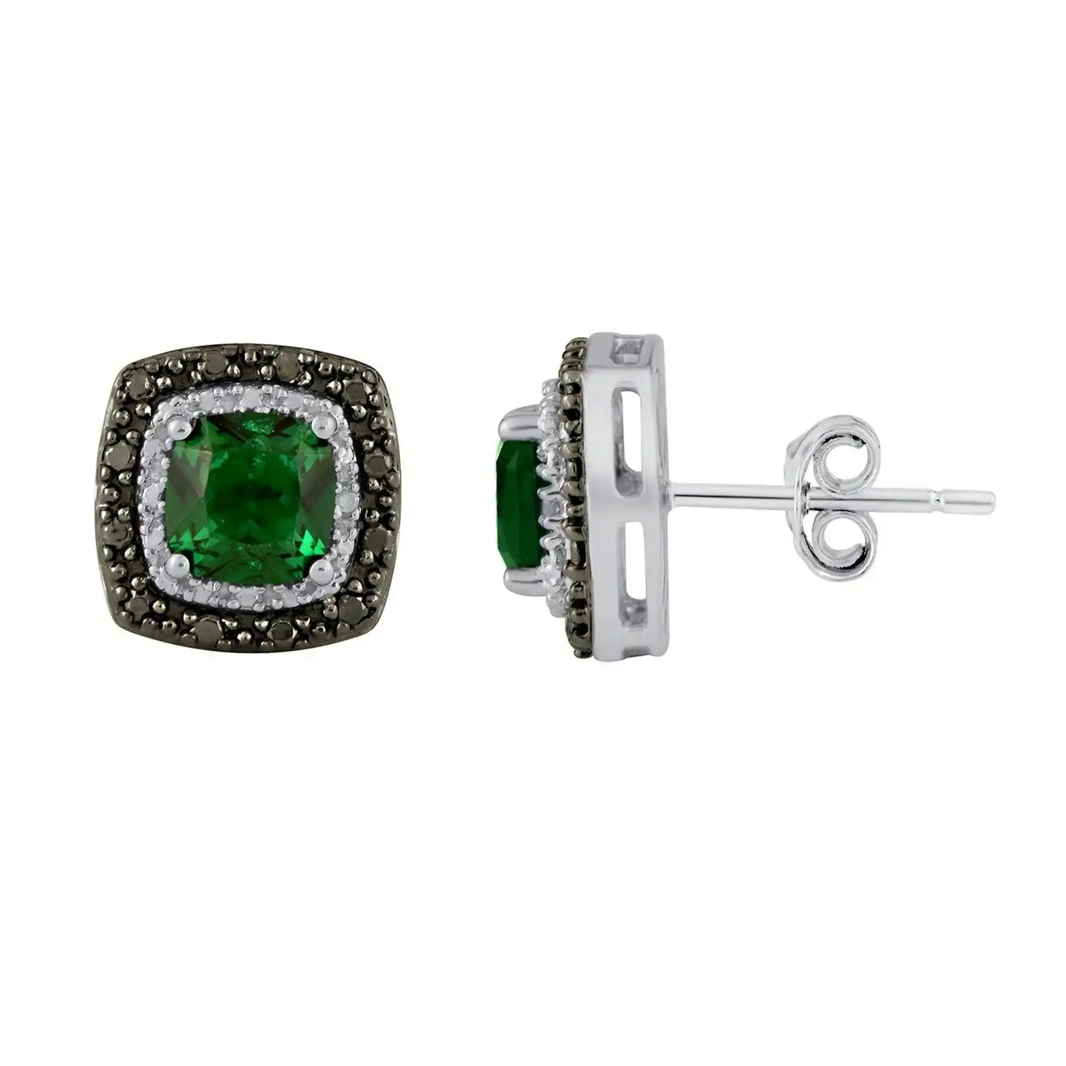 Mirage Created Emerald and Black Diamond Set Stud Earrings in Sterling Silver