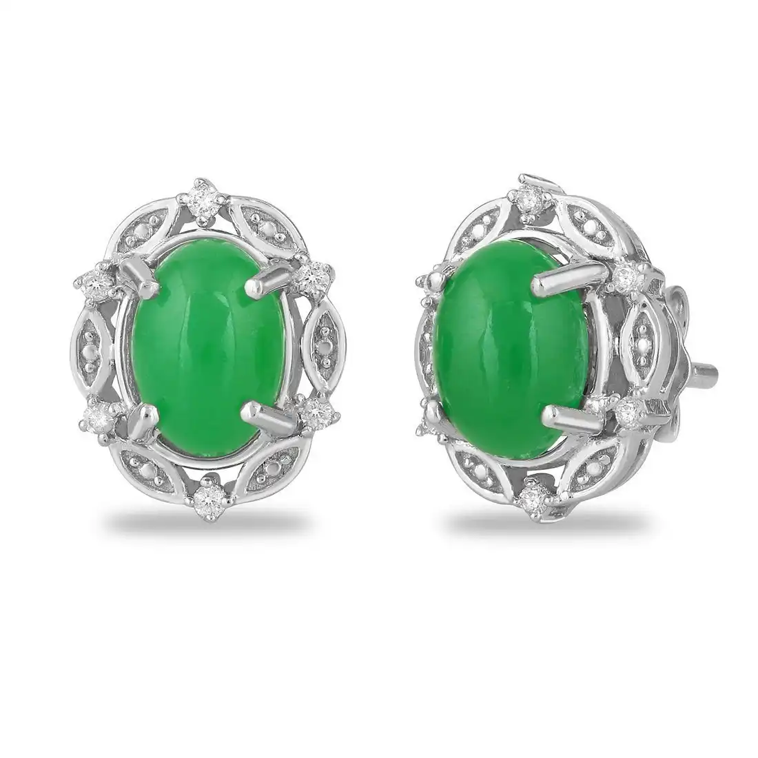 Diamond Set Oval Jade Stud Earrings in Sterling Silver