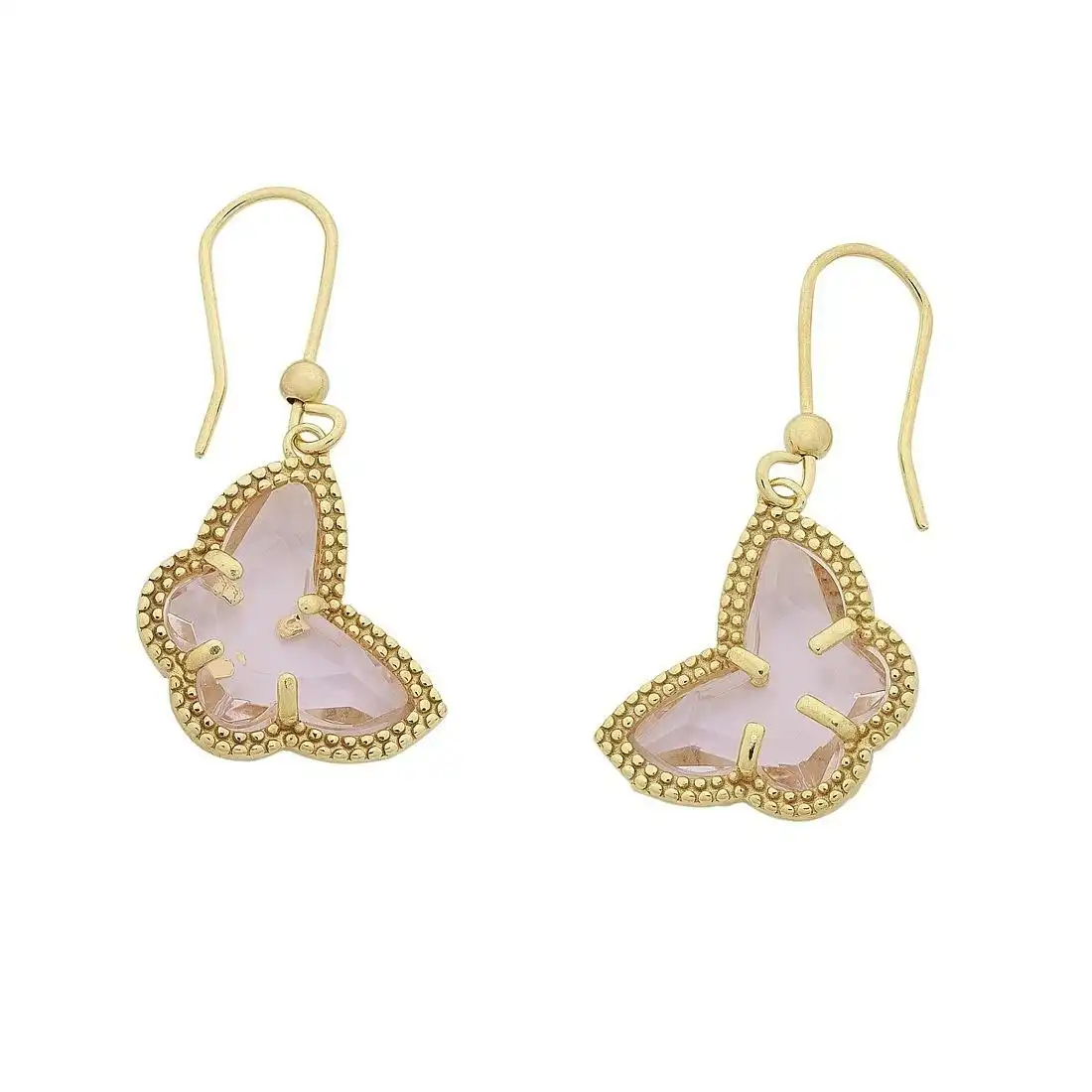 9ct Yellow Gold Silver Infused Pink Butterfly Drop Earrings