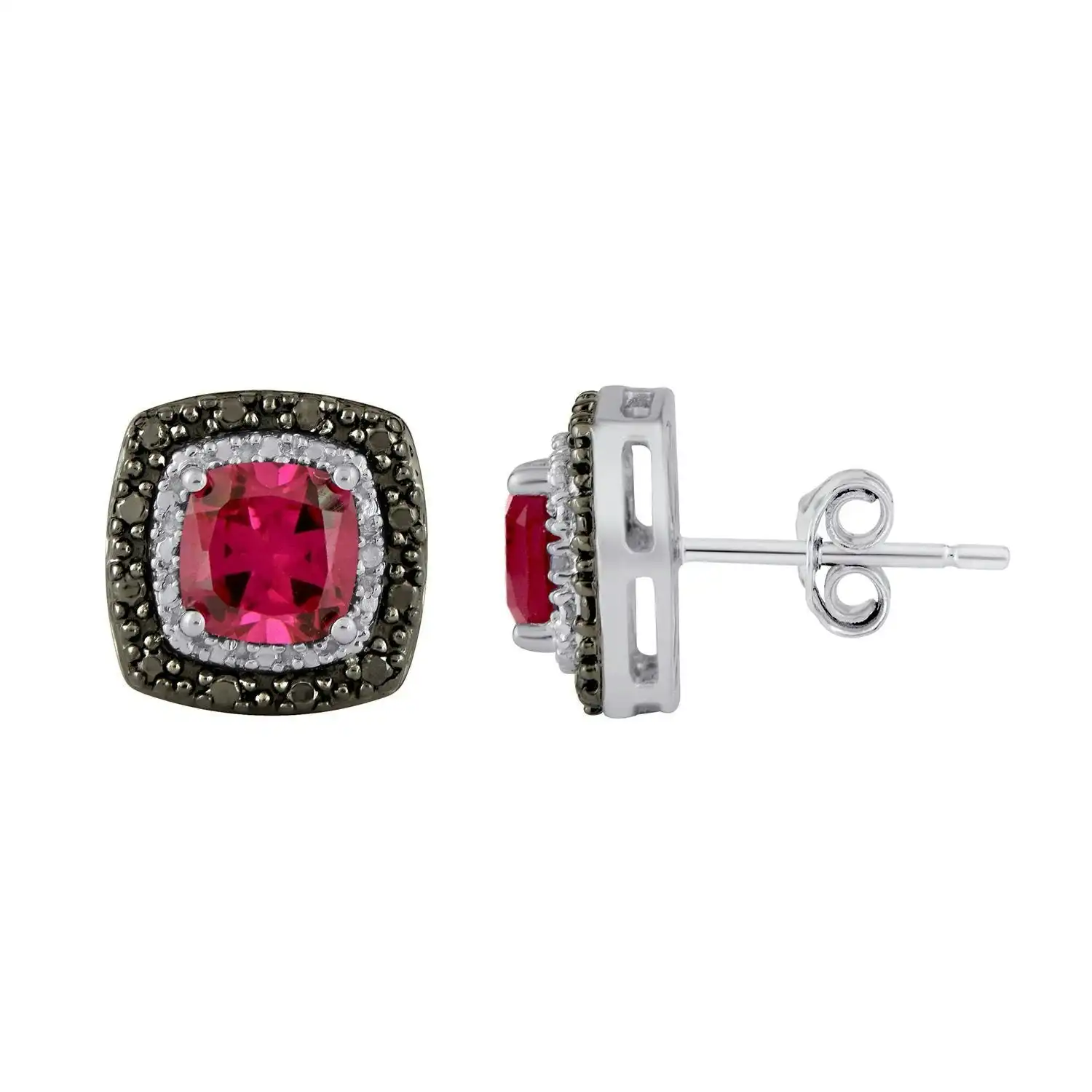 Mirage Created Ruby and Black Diamond Set Stud Earrings in Sterling Silver