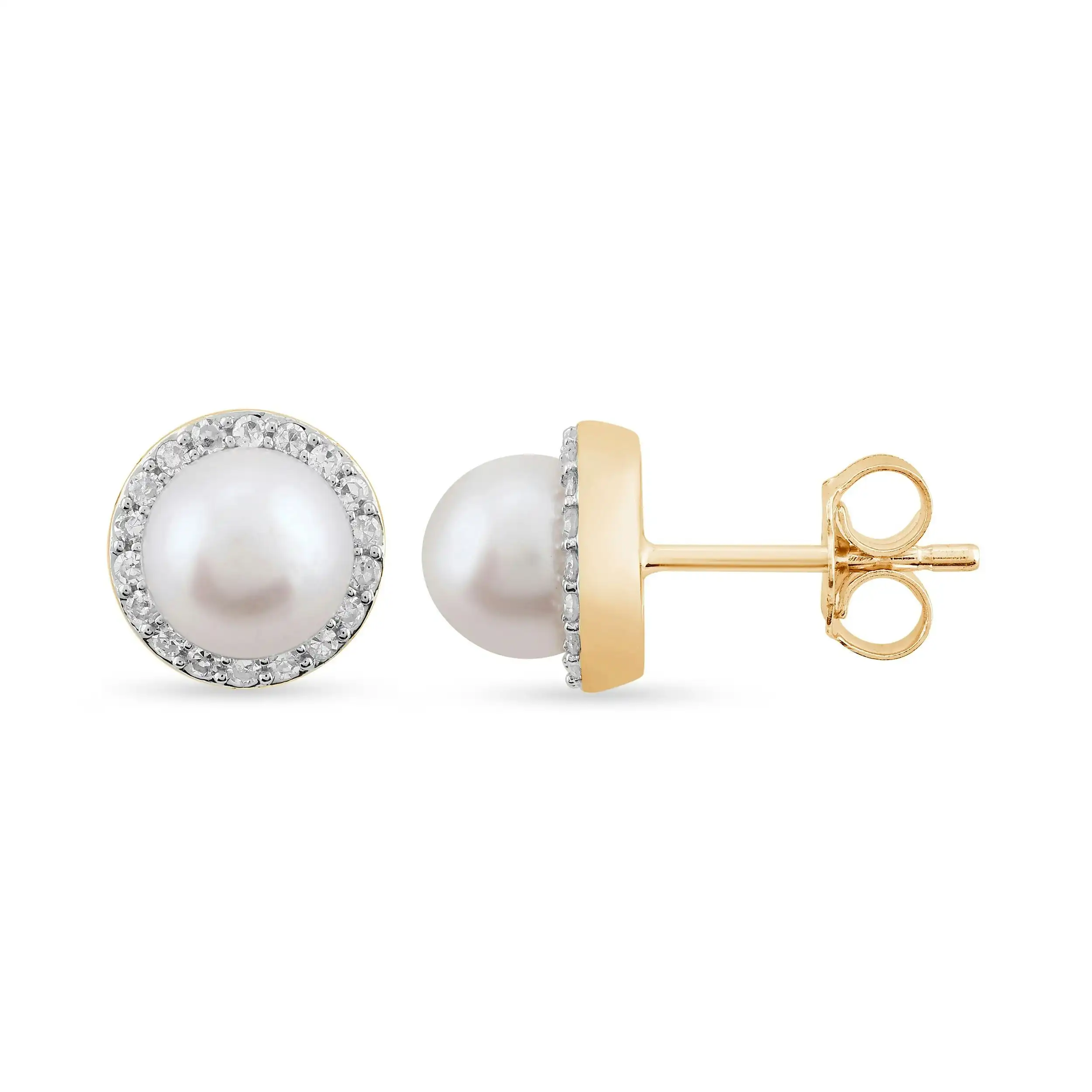 Freshwater Pearl Halo Stud Earrings with 1/5ct of Diamonds in 9ct Yellow Gold