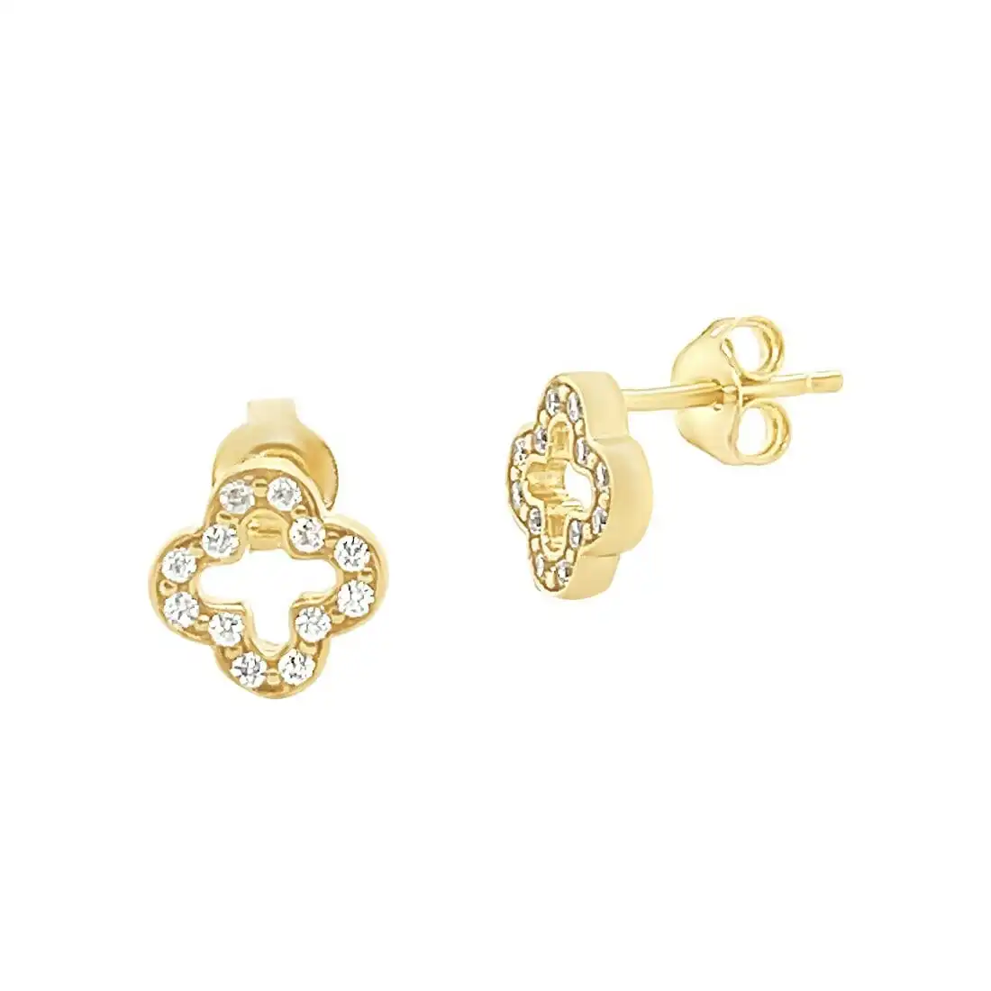 Clover Stud Earrings in 9ct Yellow Gold Silver Infused with Cubic Zirconia