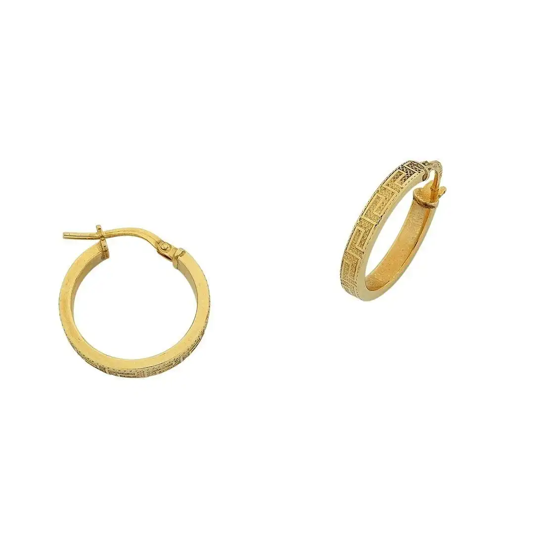 9ct Yellow Gold Silver Infused Greek Key Hoop Earrings 10mm