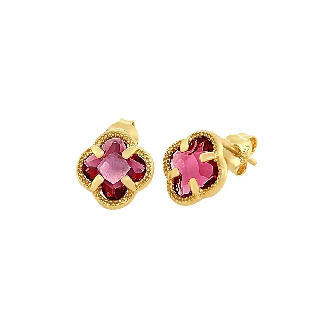 9ct Yellow Gold Silver Infused Red 4 Leaf Clover Stud Earrings