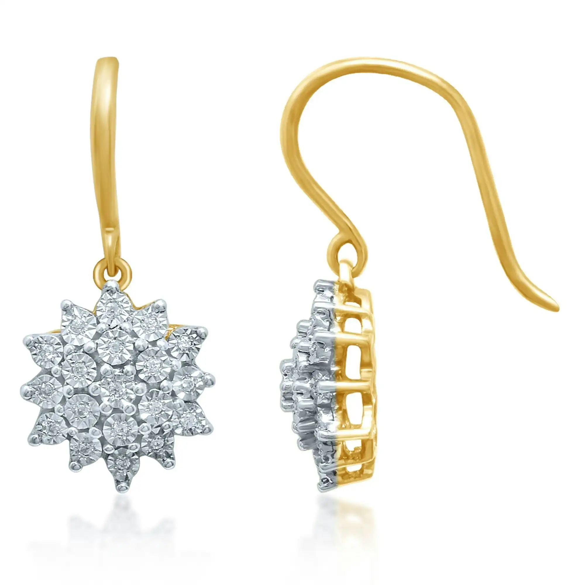 9ct Yellow Gold Flower Drop Earrings with 0.14ct of Diamonds