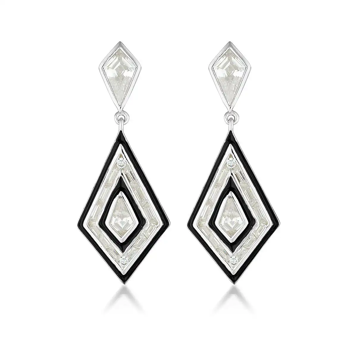 Georgini Reflection Art Deco Earrings Silver & Black Enamel
