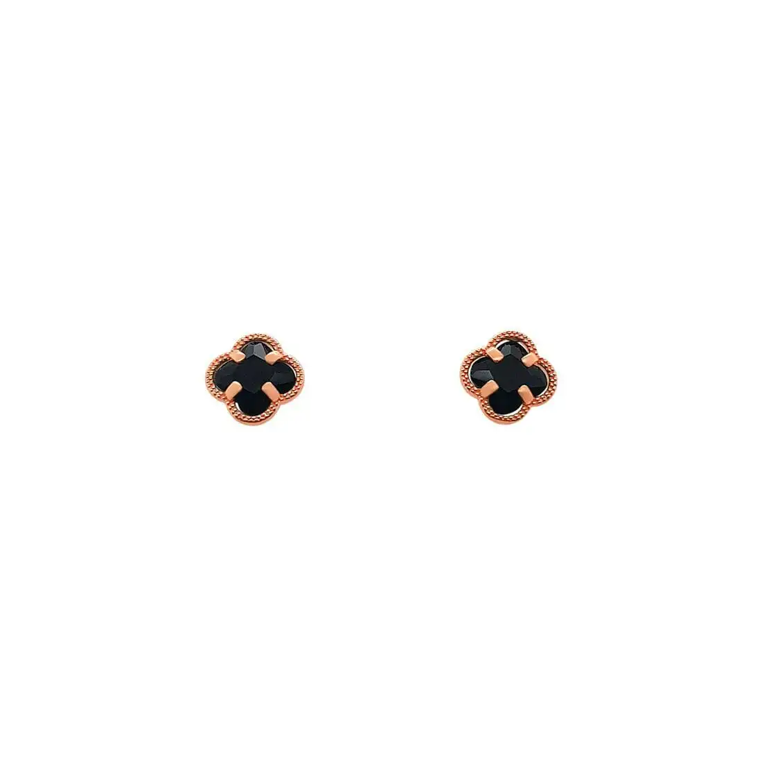 9ct Rose Gold Silver Infused 4 Leaf Clover Stud Earring with Black Crystal