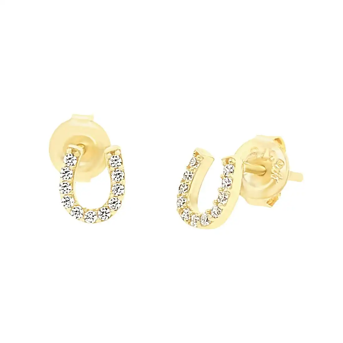 9ct Yellow Gold Horse Shoe Stud Earrings with Cubic Zirconia