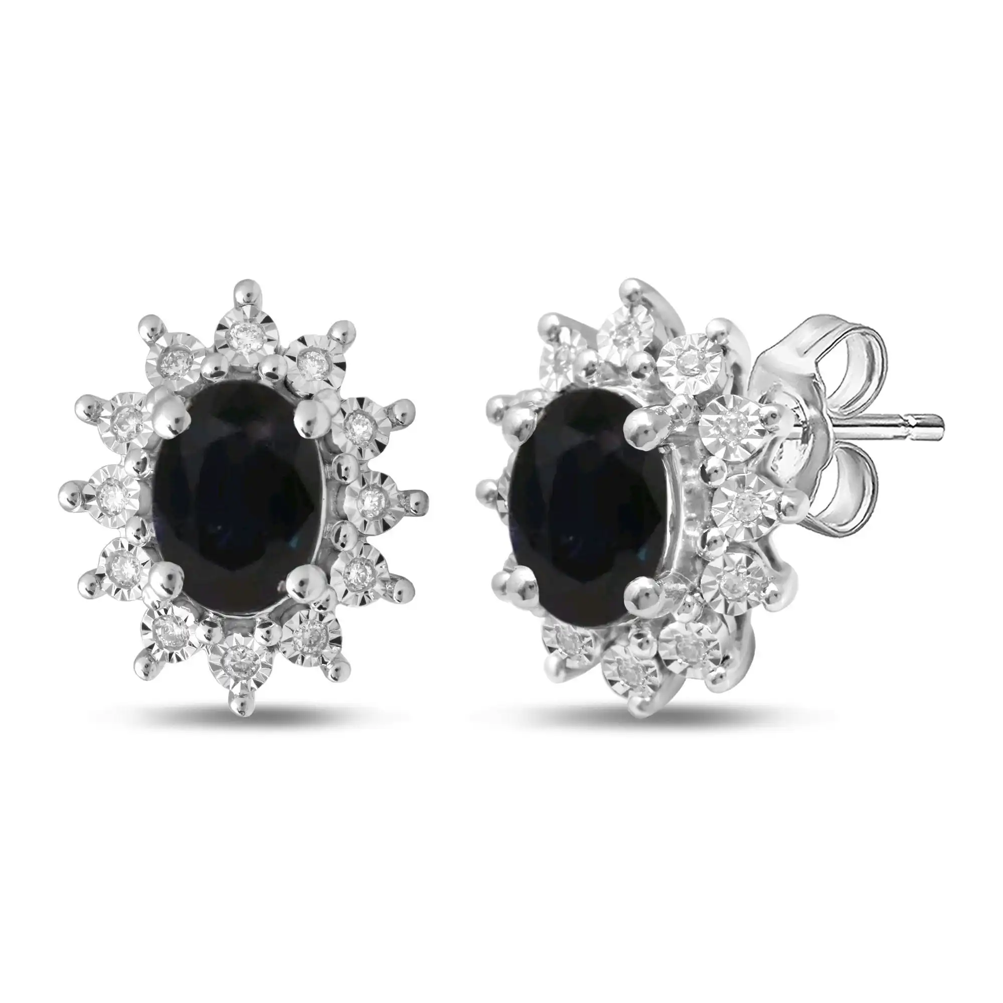 Oval Created Sapphire Stud Earrings with 0.10ct of Diamonds in Sterling Silver