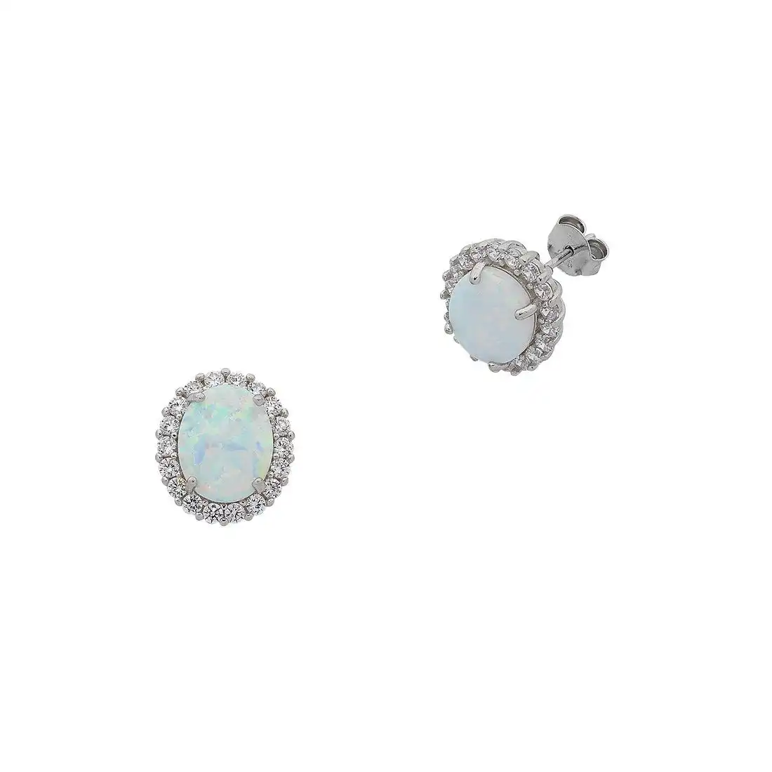October Birthstone Sterling Silver Oval Synthetic Opal and Cubic Zirconia Earrings