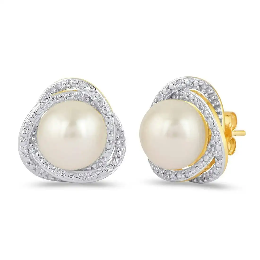 Pearl Stud Earrings with 0.10ct of Diamonds in 9ct Yellow Gold