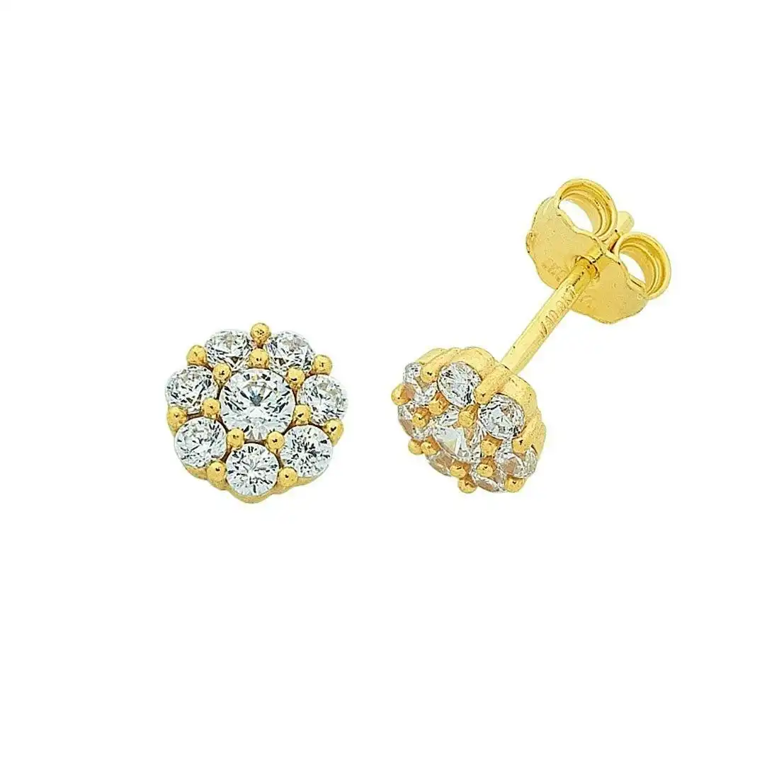 9ct Yellow Gold Silver Infused Cubic Zirconia Flower Stud Earrings