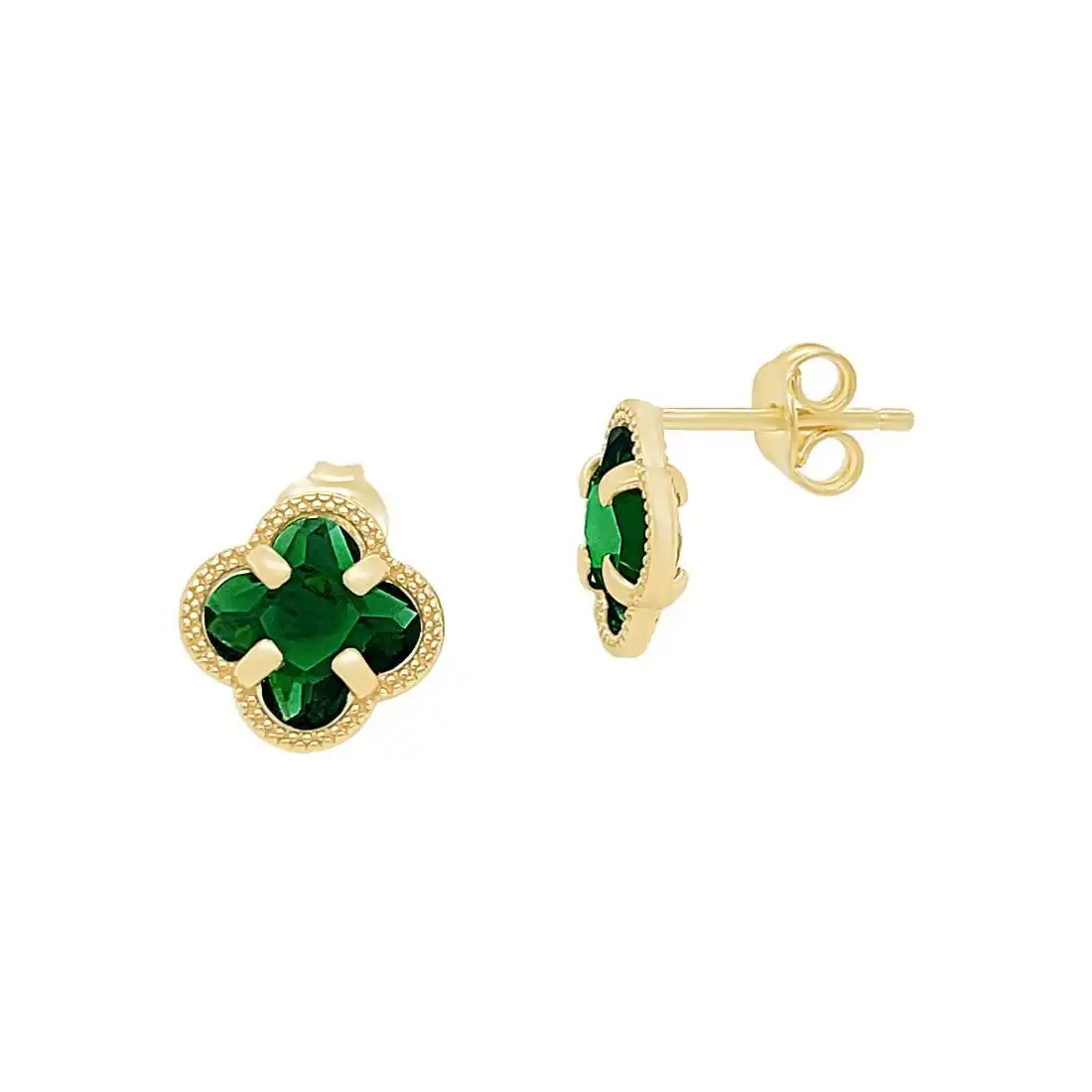 9ct Yellow Gold Silver Infused Green Stone Four Leaf Clover Stud Earrings
