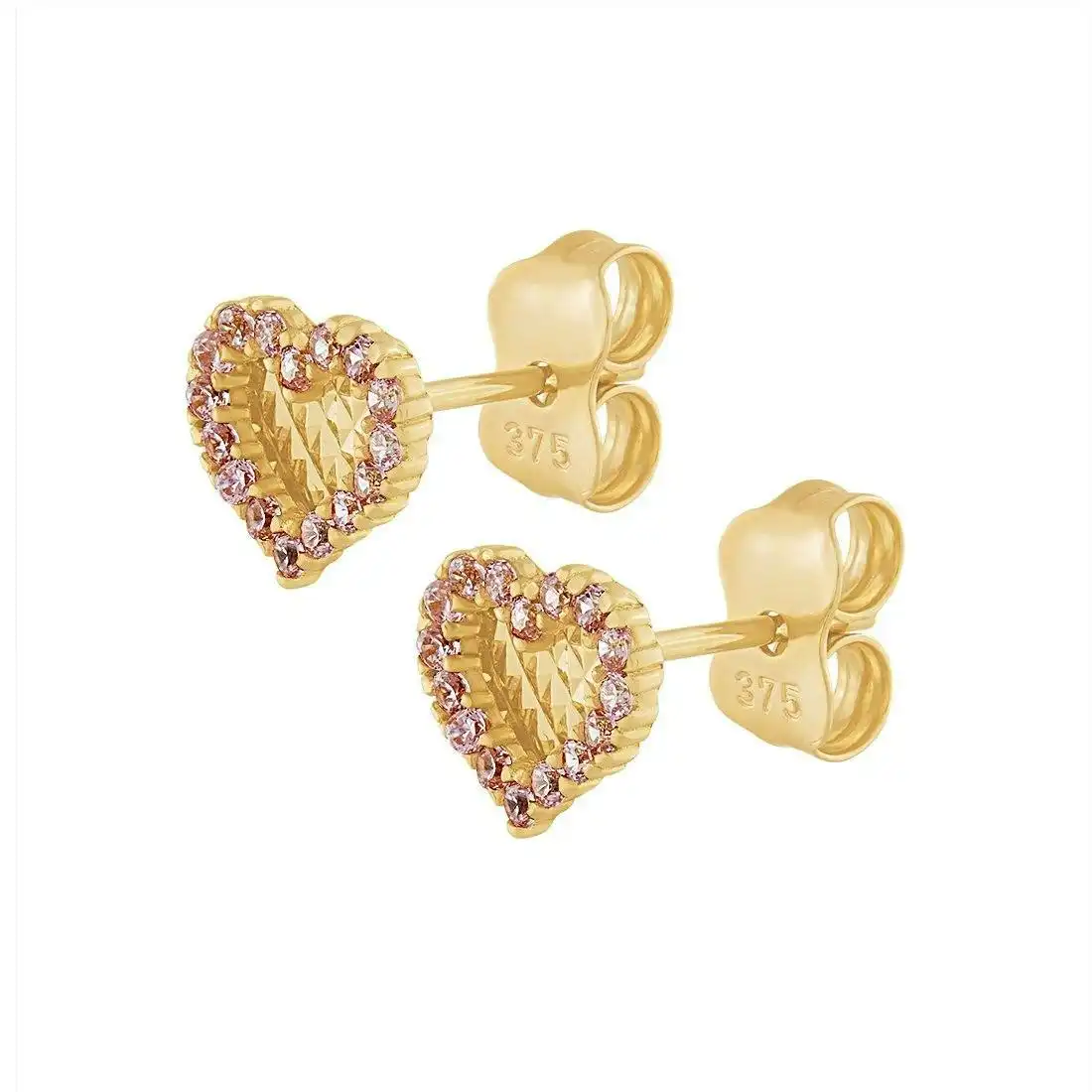 9ct Yellow Gold Heart Stud Earrings with Cubic Zirconia