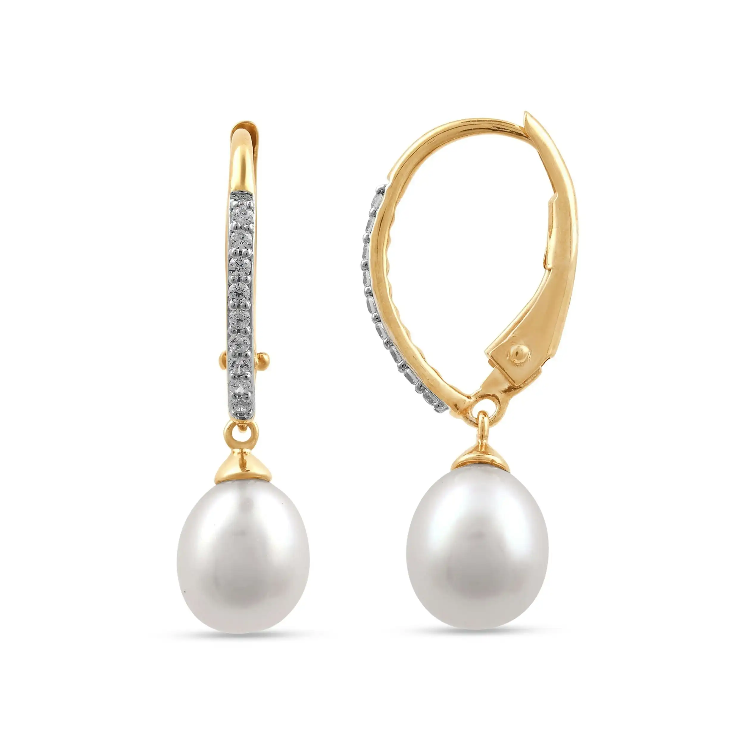 Pearl Drop Earrings with 0.05ct of Diamonds in 9ct Yellow Gold